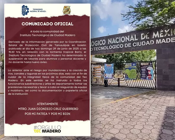 Tec Madero suspende labores ante amenaza de la tormenta tropical Barry